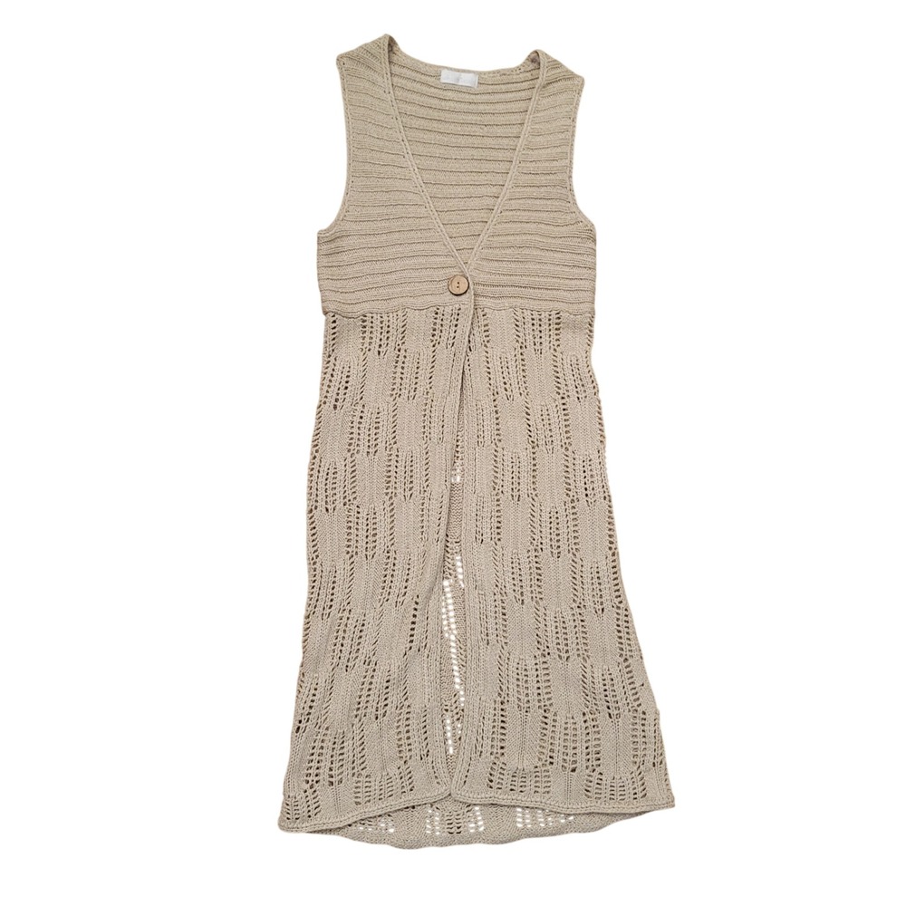 Whitewash S Duster Vest Tan Knit Sleeveless Hippie Boho Earthy Granola Western